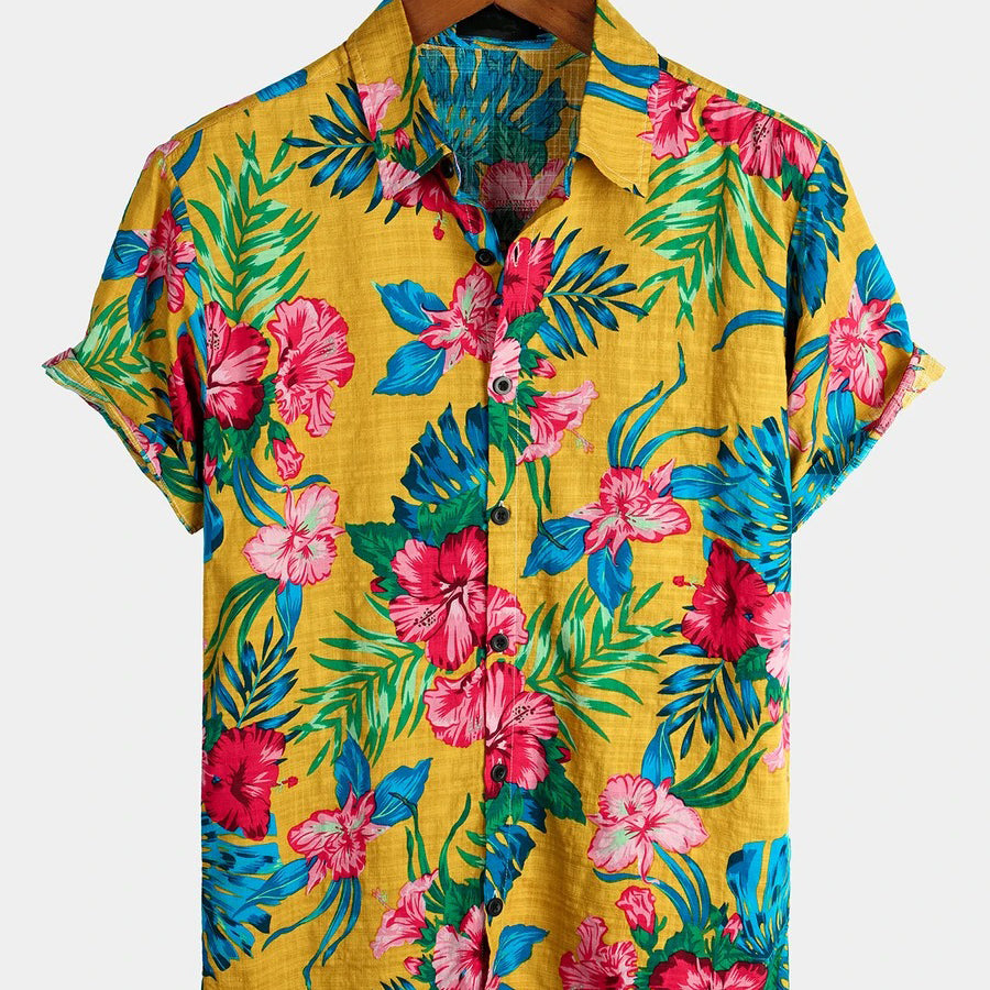 Men's Yellow Flower Tropical Hawaii Cotton Short Sleeve Shirt