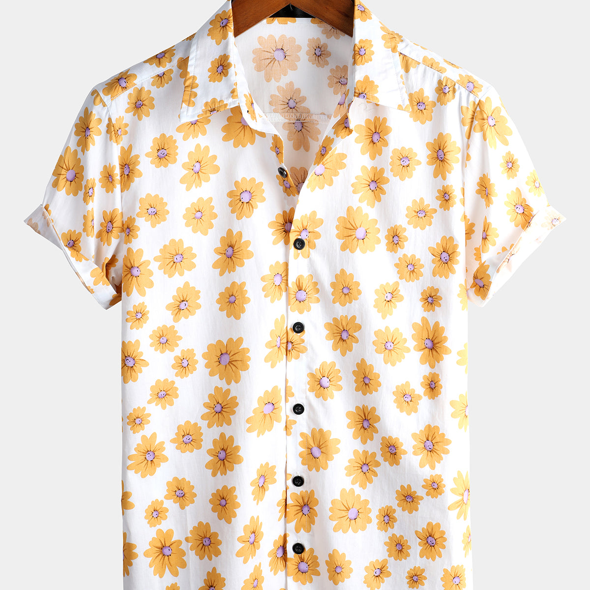 Men's Pink Floral Daisy Print Tropical Hawaiian Cotton Flower Shirt