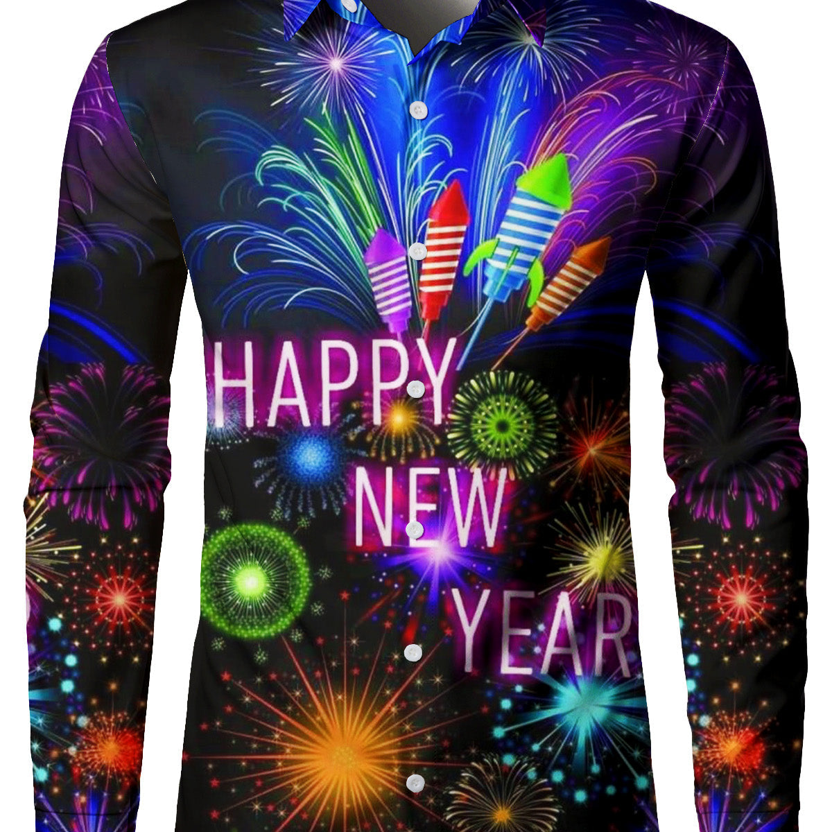 Men's Happy New Year Holiday Fireworks Long Sleeve Shirt