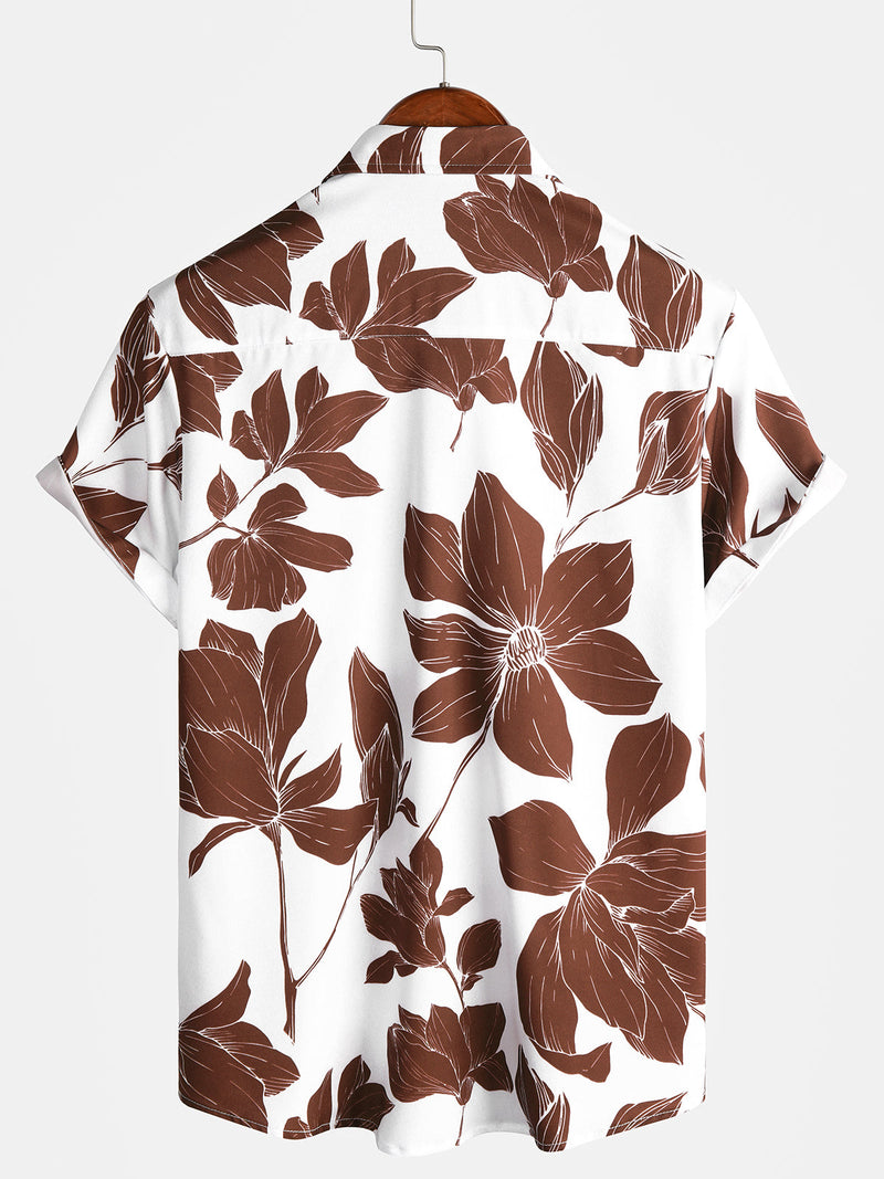 Men's Summer Casual Brown Floral Button Up Short Sleeve Holiday Cool Beach Shirt