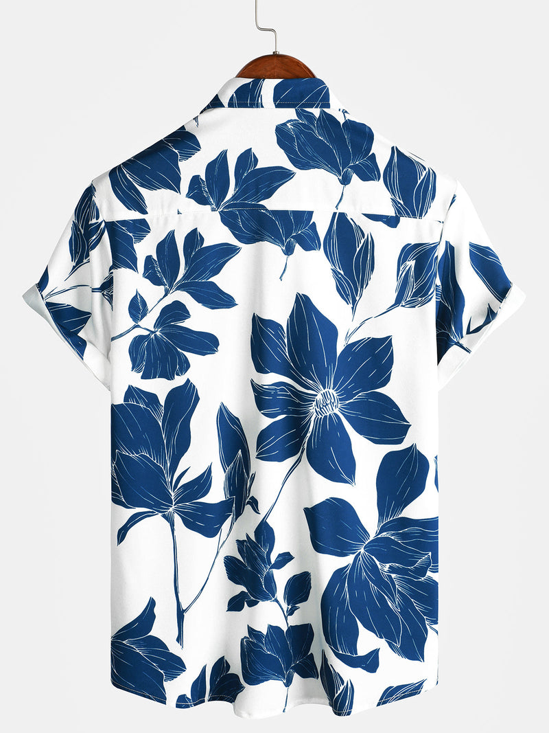 Men's Summer Casual Blue Floral Button Up Short Sleeve Holiday Cool Beach Shirt
