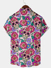 Men's Floral Sugar Skull Print Pink Funny Hawaiian Button Up Short Sleeve Shirt