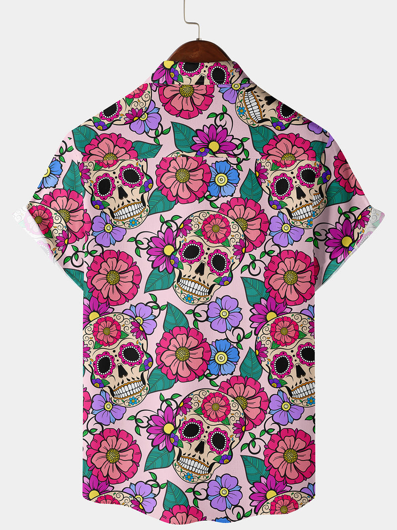 Men's Floral Sugar Skull Print Pink Funny Hawaiian Button Up Short Sleeve Shirt