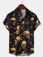 Men's Rock Golden Skull Floral Rockabilly Cool Short Sleeve Summer Shirt