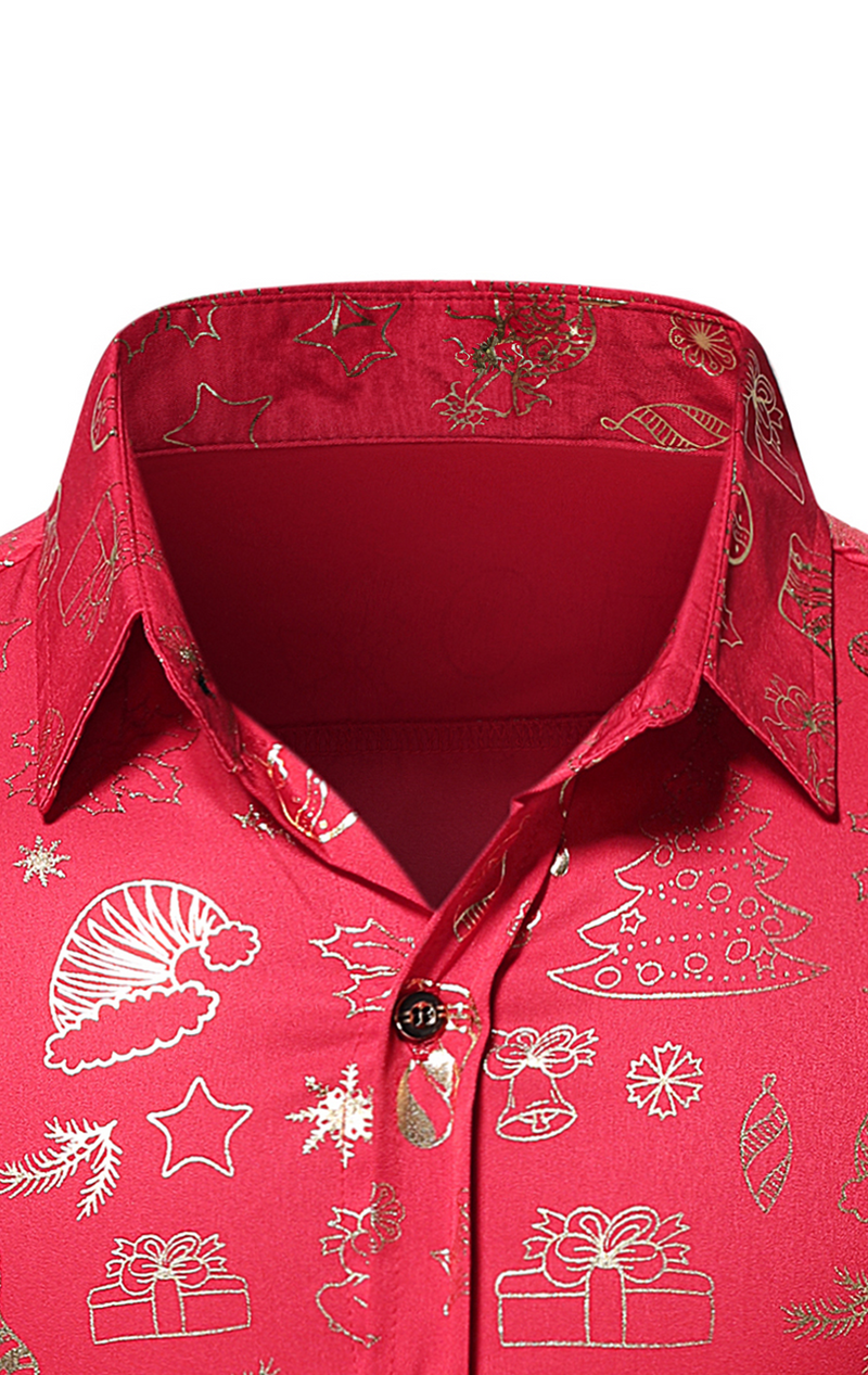Men's Christmas Gold Print Holiday Party Button Up Short Sleeve Shirt