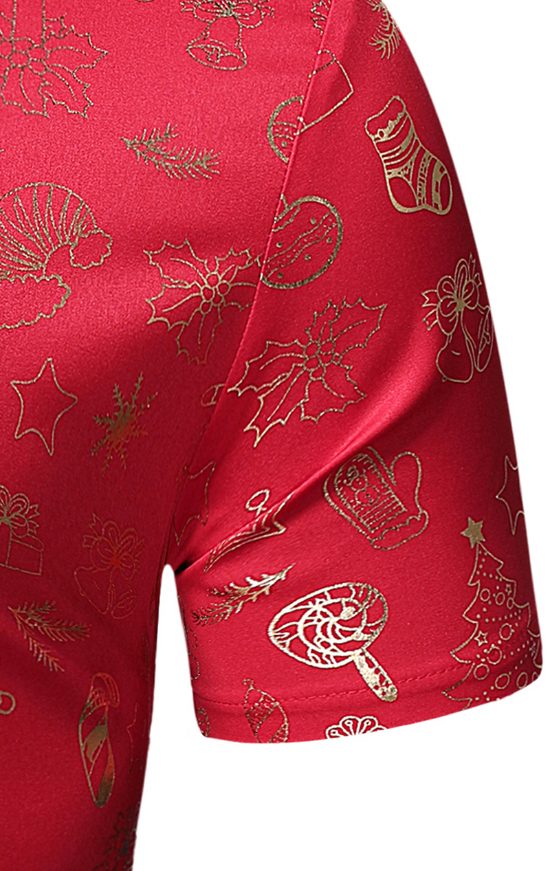 Men's Christmas Gold Print Holiday Party Button Up Short Sleeve Shirt