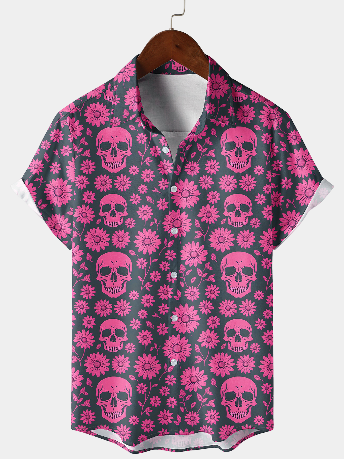 Men's Summer Pink Skull Floral Daisy Print Button Up Holiday Short Sleeve Shirt