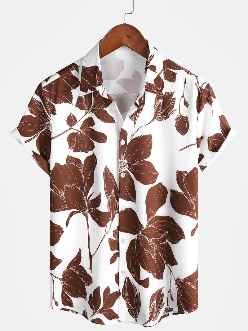 Men's Summer Casual Brown Floral Button Up Short Sleeve Holiday Cool Beach Shirt