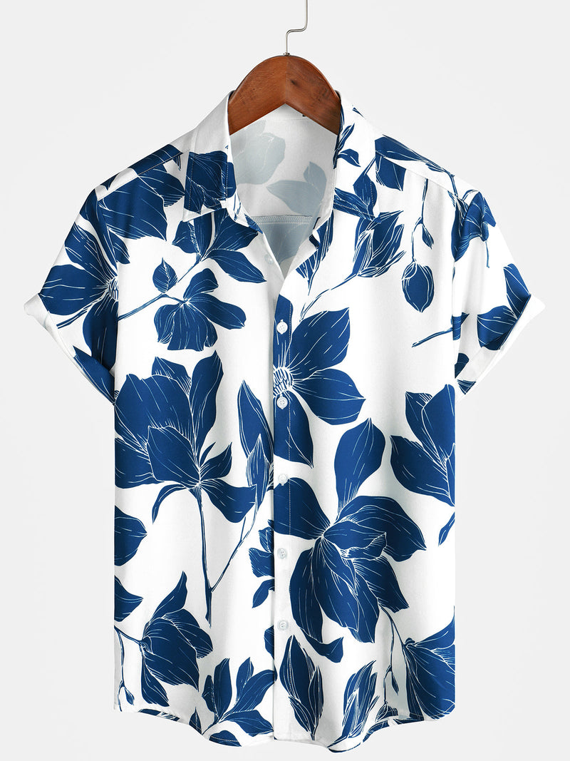 Men's Summer Casual Blue Floral Button Up Short Sleeve Holiday Cool Beach Shirt