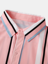 Men's Pink Vertical Striped Button Up Summer Casual Short Sleeve Shirt