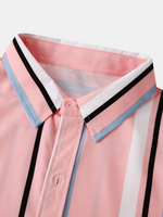 Men's Pink Vertical Striped Button Up Summer Casual Short Sleeve Shirt