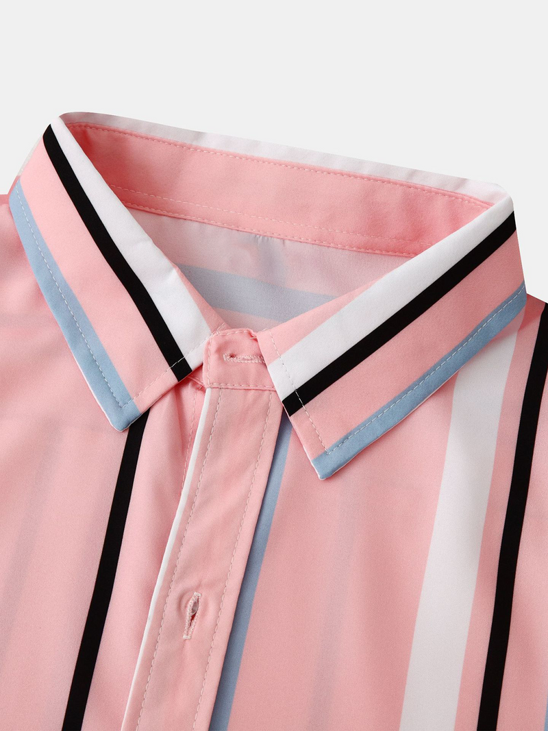 Men's Pink Vertical Striped Button Up Summer Casual Short Sleeve Shirt
