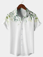 Men's Green Leaf Print Beach Short Sleeve Button Up Summer Resort Hawaiian Shirt