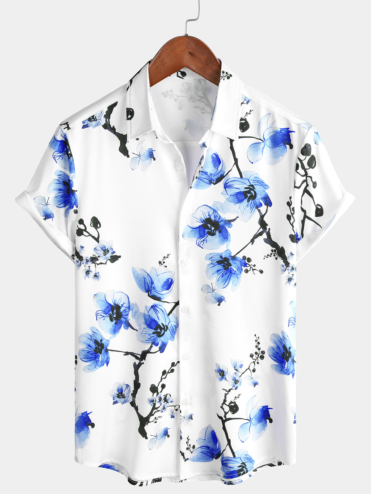 Men's Casual Blue Floral Print Summer Button Up Flower Short Sleeve Cherry Blossom Shirt