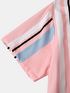 Men's Pink Vertical Striped Button Up Summer Casual Short Sleeve Shirt