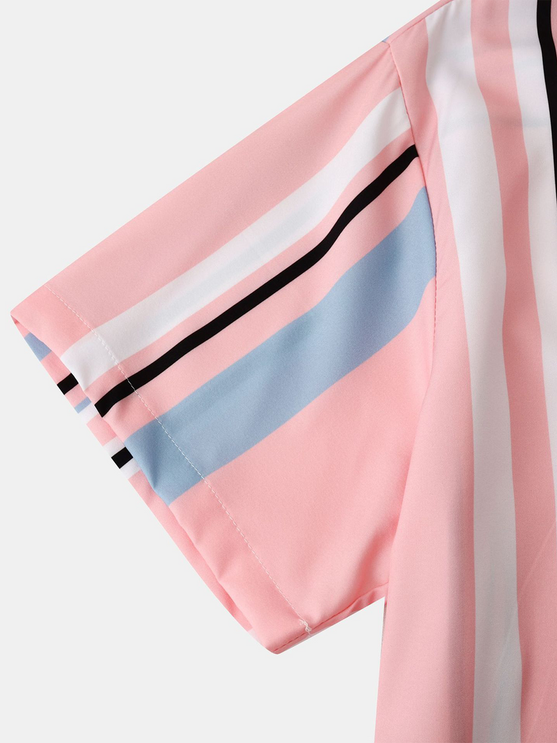 Men's Pink Vertical Striped Button Up Summer Casual Short Sleeve Shirt