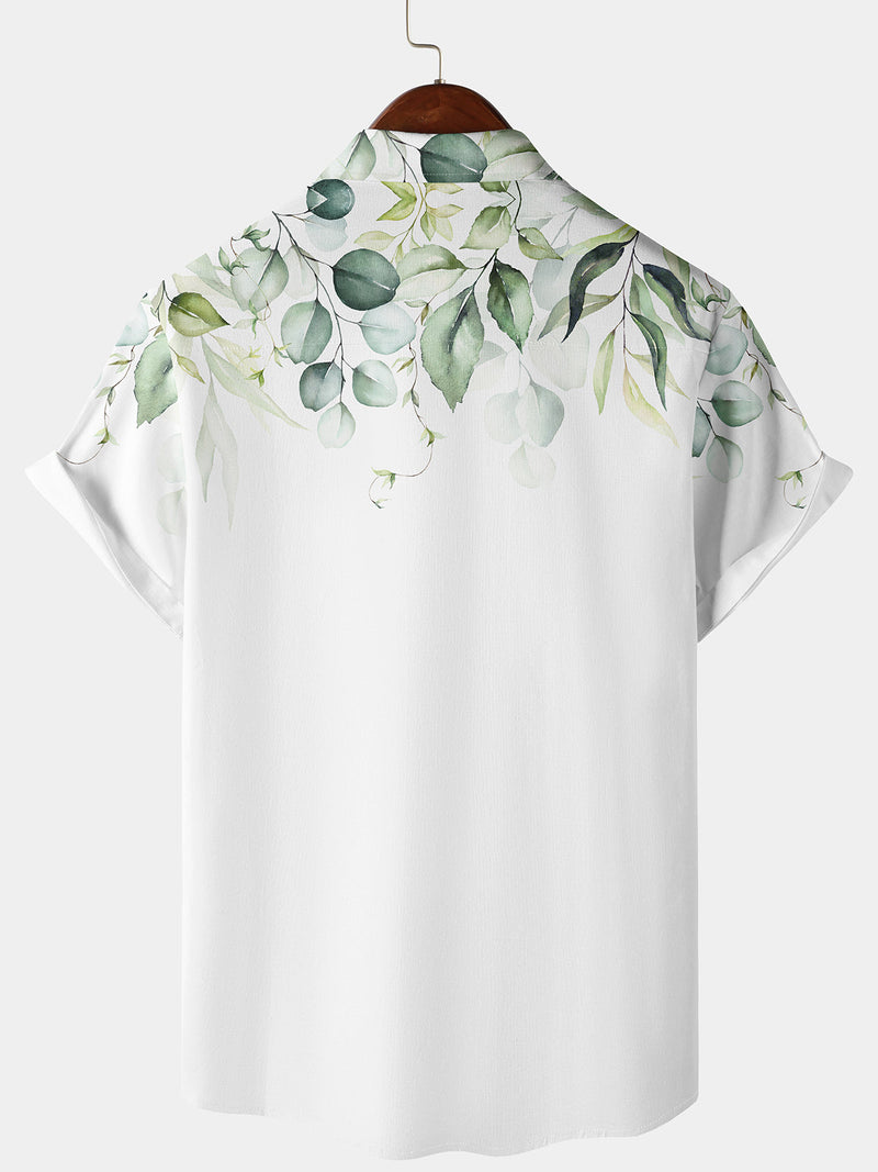 Men's Green Leaf Print Beach Short Sleeve Button Up Summer Resort Hawaiian Shirt