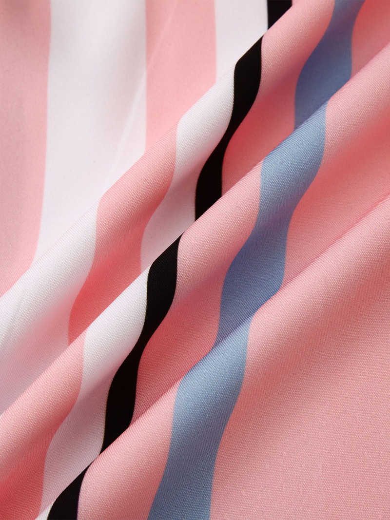Men's Pink Vertical Striped Button Up Summer Casual Short Sleeve Shirt
