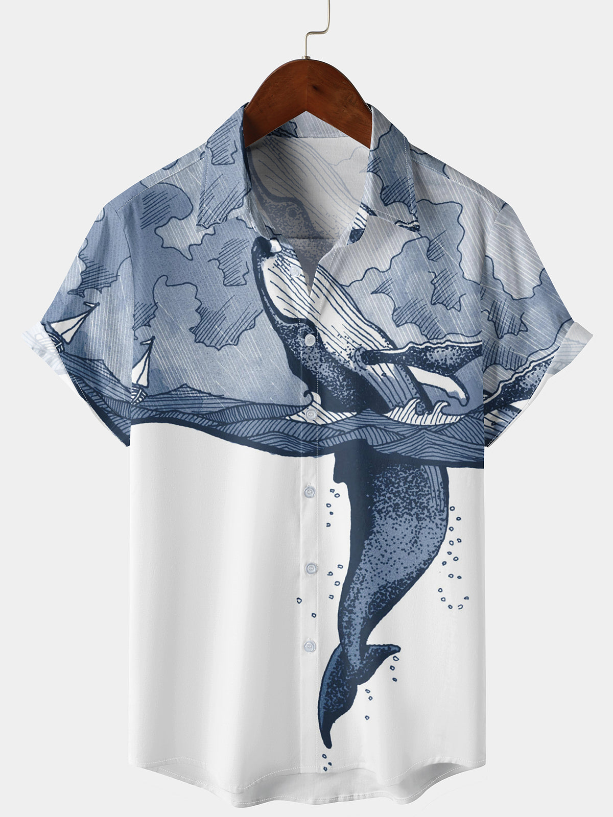 Men's Whale Print Hawaiian Ocean Waves Aloha Beach Short Sleeve Shirt