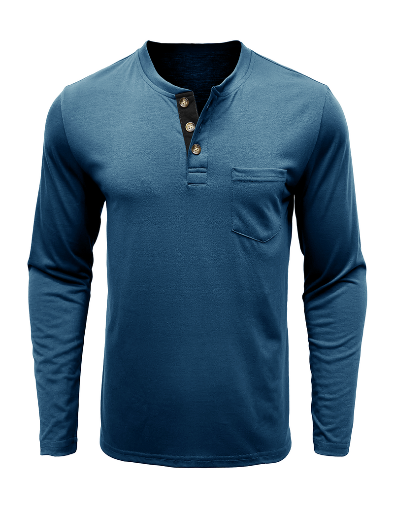 Men's Solid Color Cotton Casual Henry Collar Pocket Long Sleeve T-Shirt