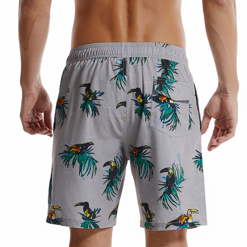 Men's Parrot Print Grey Quick Dry Beach Trunks Swim Trunks