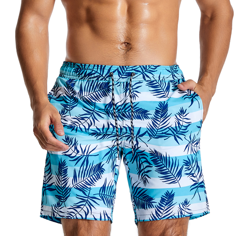 Men's Tropical Leaves And Striped Quick Dry Beach Shorts Swimming Trunks