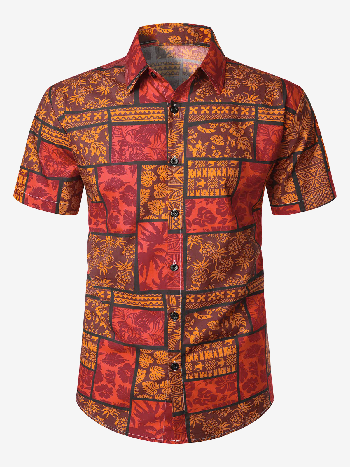 Men's Tropical Vintage Hawaiiwan Red Cotton Pineapple Floral Beach Button Short Sleeve Shirt