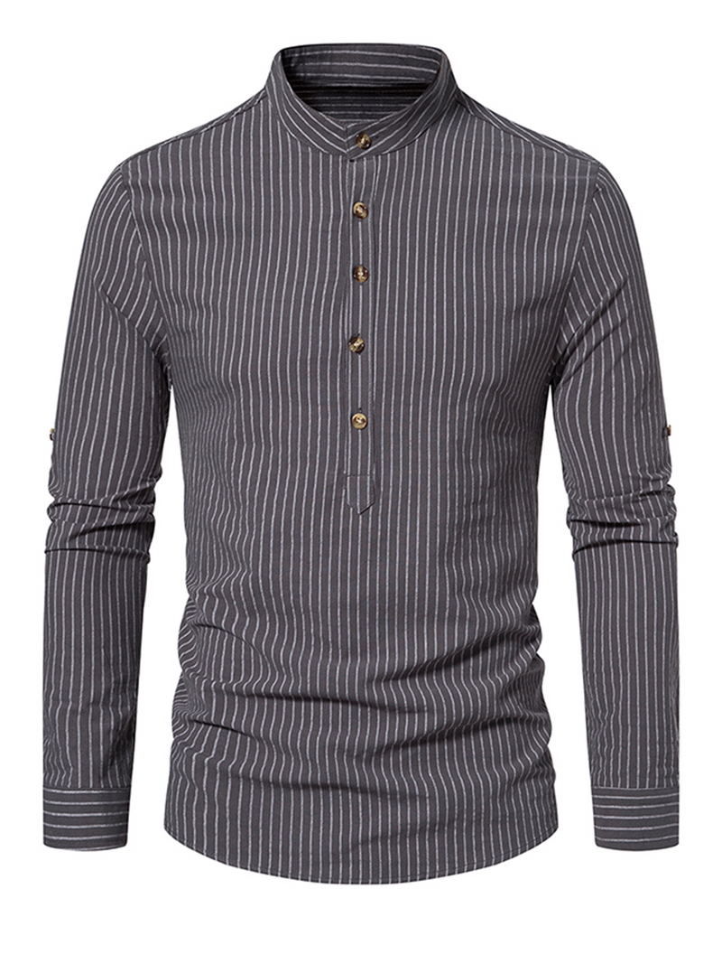 Men's Cotton Vertical Striped Henley Collar Long Sleeve Shirt