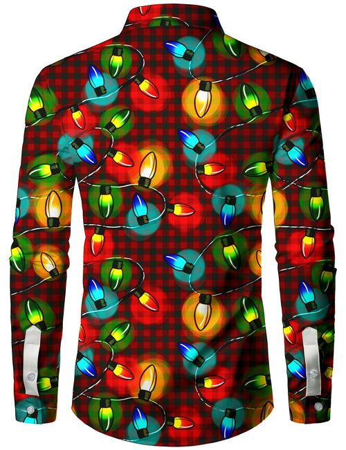 Men's Christmas Neon Plaid Long Sleeve Holiday Party Button Up Shirt