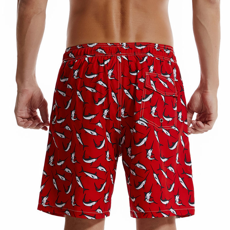 Men's Shark Print Red Quick Dry Beach Shorts Swim Trunks