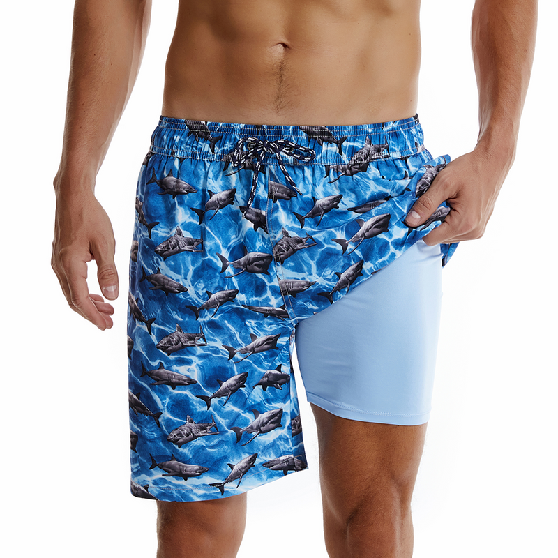 Men's Shark Print Blue Quick Dry Beach Shorts Swim Trunks