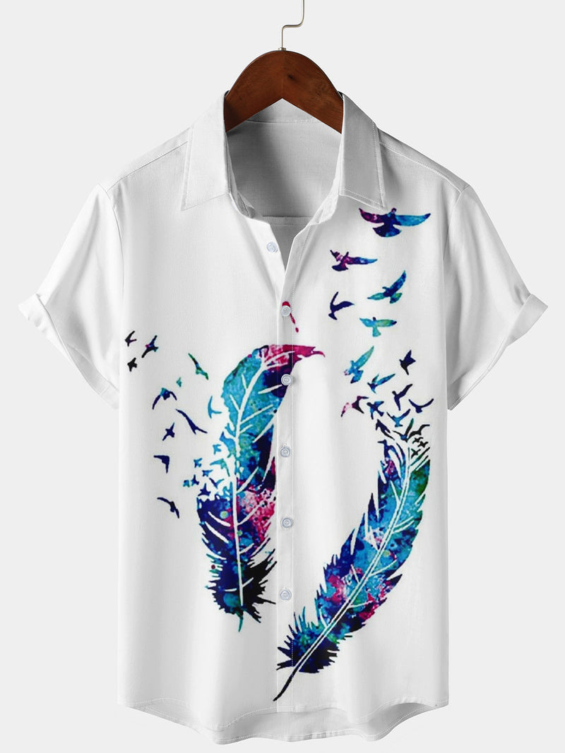 Men's Feather Print Summer Holiday Short Sleeve Beach Button Up Cruise Shirt