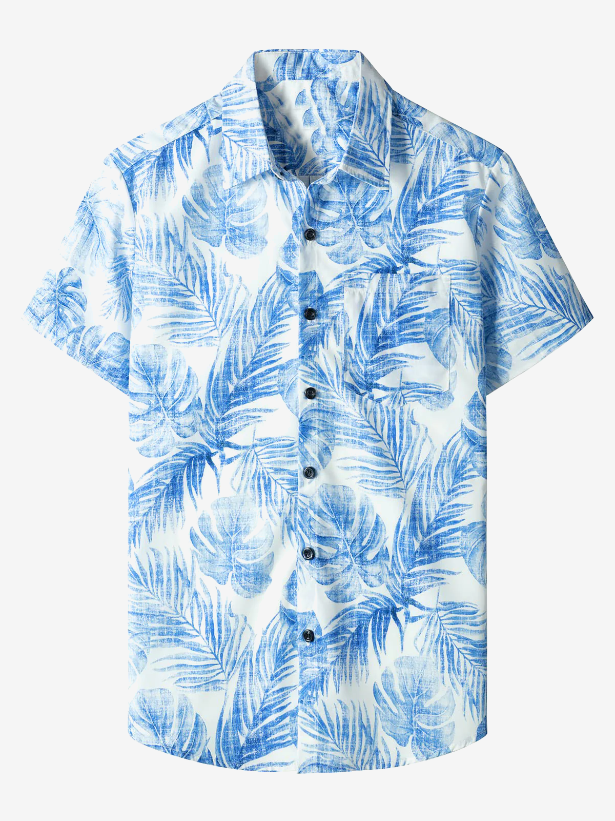 Men's Blue Hawaiian Casual Pocket Tropical Plant Print Vacation Button Short Sleeve Shirt