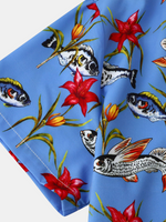 Men's Fish Floral Print Hawaiian Button Up Blue Short Sleeve Shirt