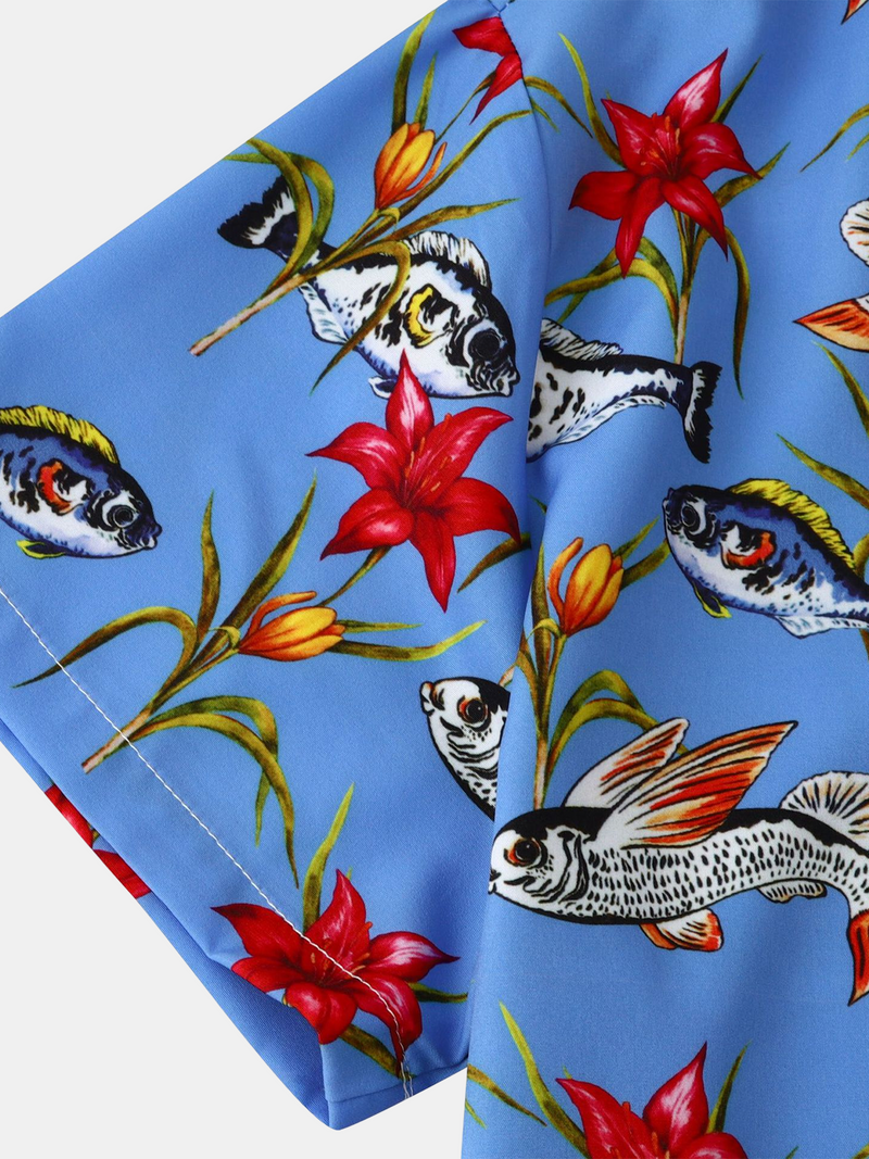 Men's Fish Floral Print Hawaiian Button Up Blue Short Sleeve Shirt