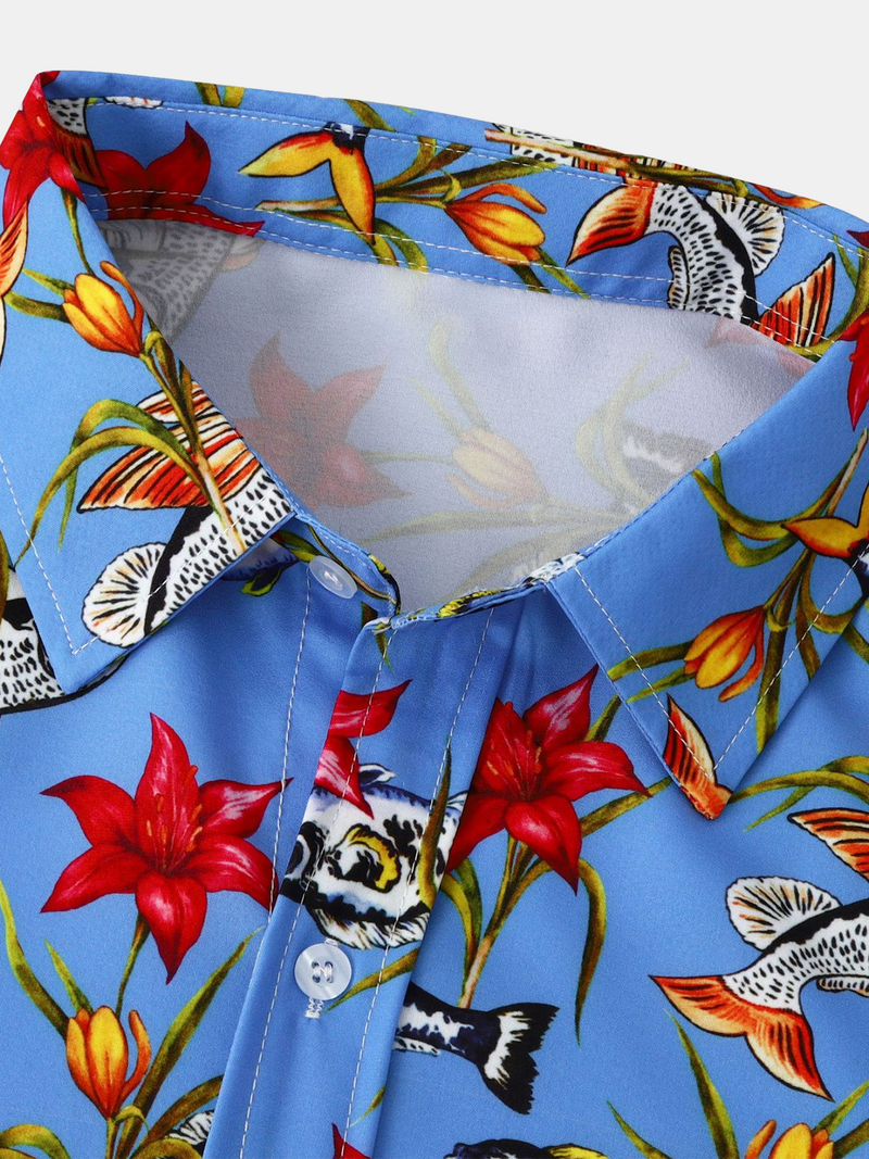 Men's Fish Floral Print Hawaiian Button Up Blue Short Sleeve Shirt