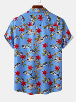 Men's Fish Floral Print Hawaiian Button Up Blue Short Sleeve Shirt
