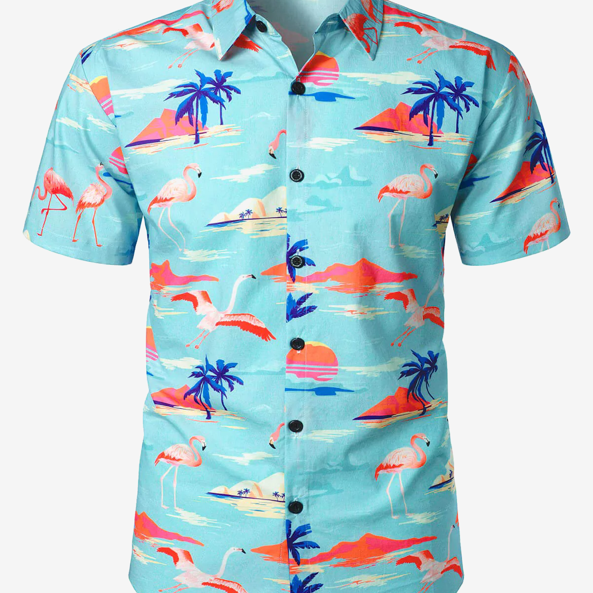 Men's Tropical Floral Flamingo Print Blue Hawaiian Cotton Summer Short Sleeve Shirt