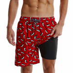 Men's Shark Print Red Quick Dry Beach Shorts Swim Trunks