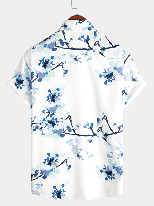 Men's Floral Print Lapel Button Holiday Short Sleeve Shirt