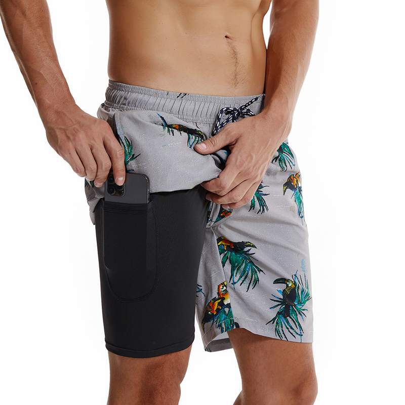 Men's Parrot Print Grey Quick Dry Beach Trunks Swim Trunks