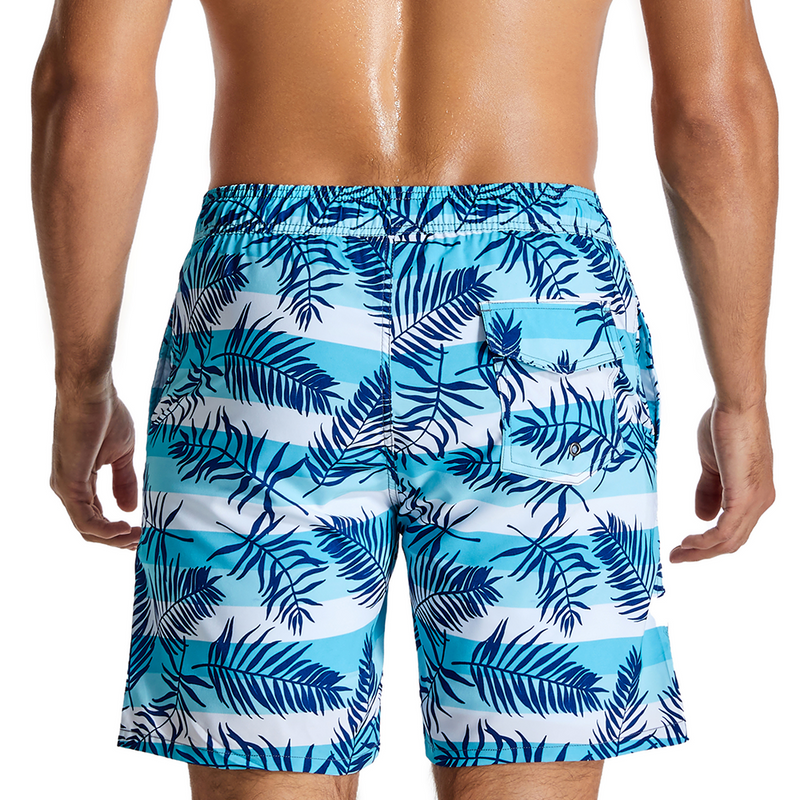 Men's Tropical Leaves And Striped Quick Dry Beach Shorts Swimming Trunks