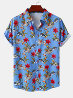 Men's Fish Floral Print Hawaiian Button Up Blue Short Sleeve Shirt