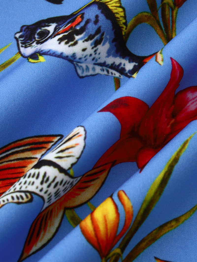 Men's Fish Floral Print Hawaiian Button Up Blue Short Sleeve Shirt