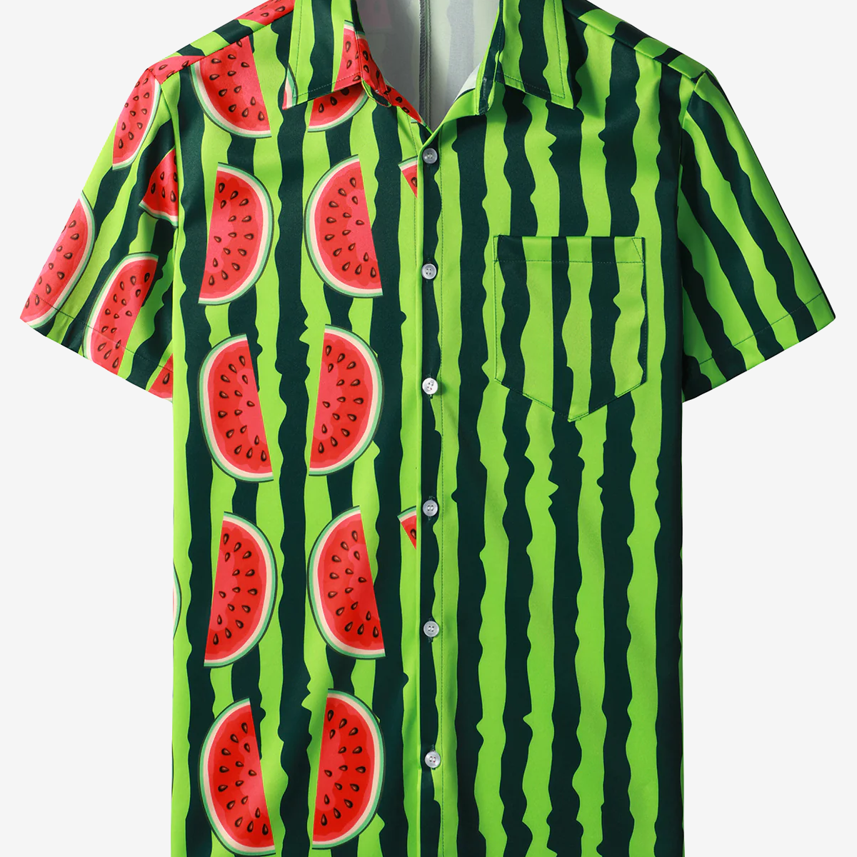 Men's Green Striped & Watermelon Hawaiian Tropical Fruit Summer Button up Short Sleeve Shirt