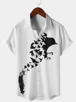 Men's Bird Feather Print Holiday Short Sleeve Beach Button Up Cruise Shirt