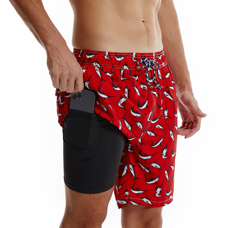 Men's Shark Print Red Quick Dry Beach Shorts Swim Trunks