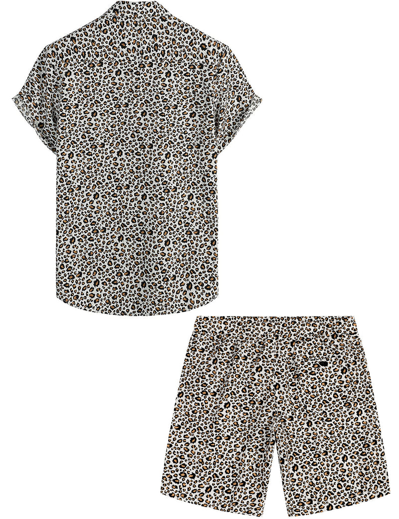 Men's Leopard Print Summer Casual Hawaiian Beach Matching Shirt and Shorts Set