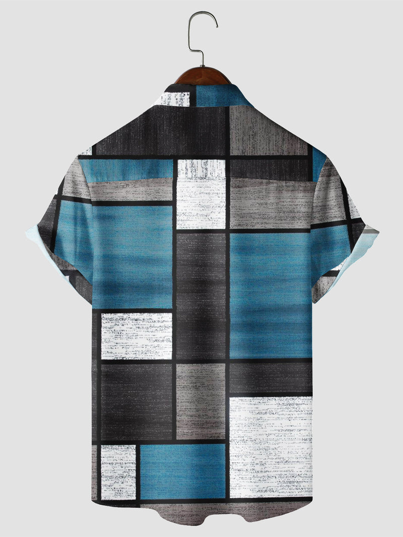 Men's Blue Vintage Abstract Plaid Art Patchwork Print Geometric Resort Hawaiian Short Sleeve Button Up Shirt