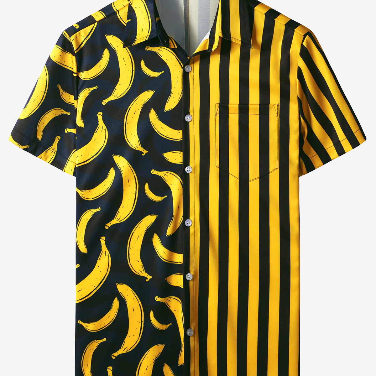 Men's Banana Yellow Striped Print Pocket Tropical Fruit Summer Vacation Casual Short Sleeve Shirt